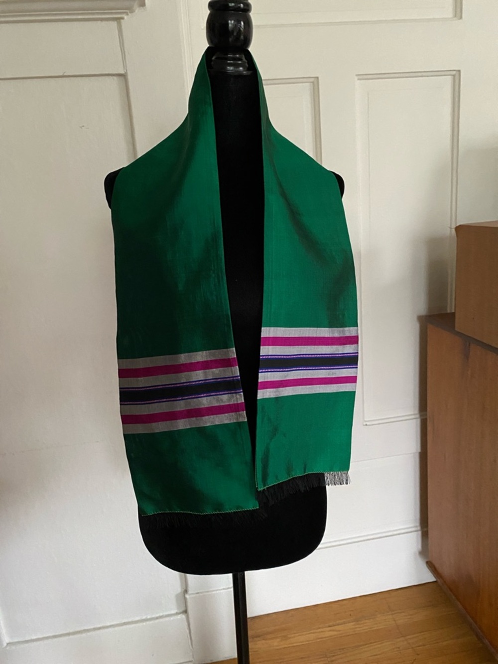 Thai Silk Green Scarf with Purple, Pink and Silver stripes.